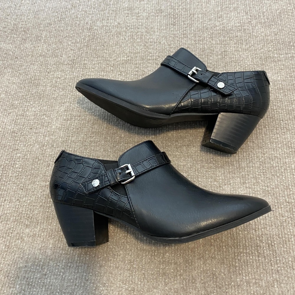 Gloria Vanderbilt Booties Womens Size 7.5 Black Croc Buckle Ankle GV Archer‎